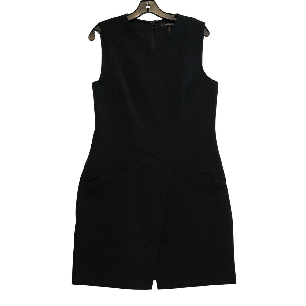 BCBGMAXAZRIA Black Sleeveless Sheath Dress Asymmetrical Pockets Size M